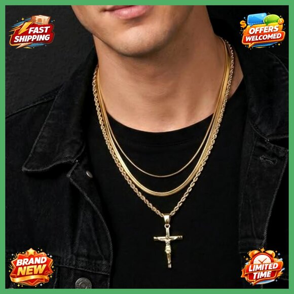 Multi Layer Jesus Crucifix Pendant - Gold – Huerta Jewelry Layered Cross Pendant Necklace Stackable Religious Jewelry Jesus Crucifix